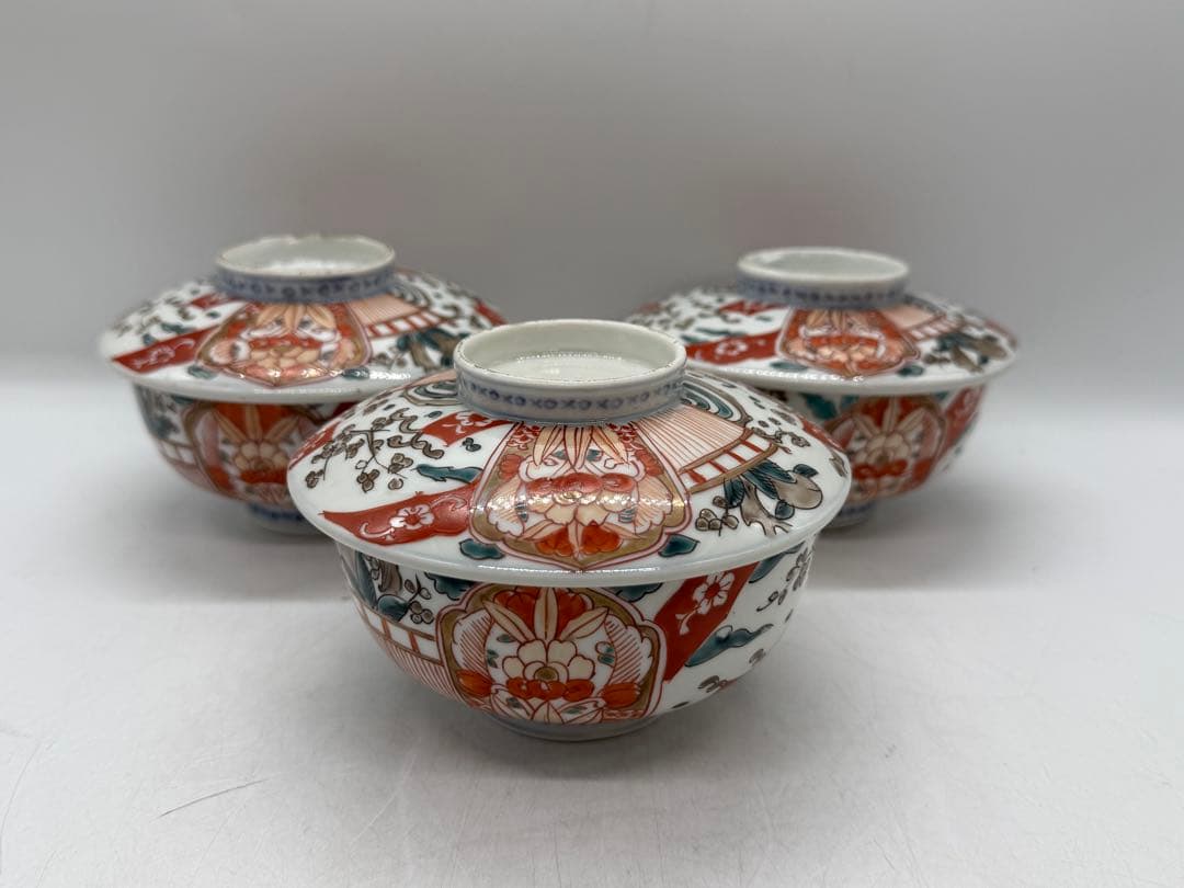 時代　伊万里　色絵　蓋茶碗3点　アンティーク　送料込み250922
