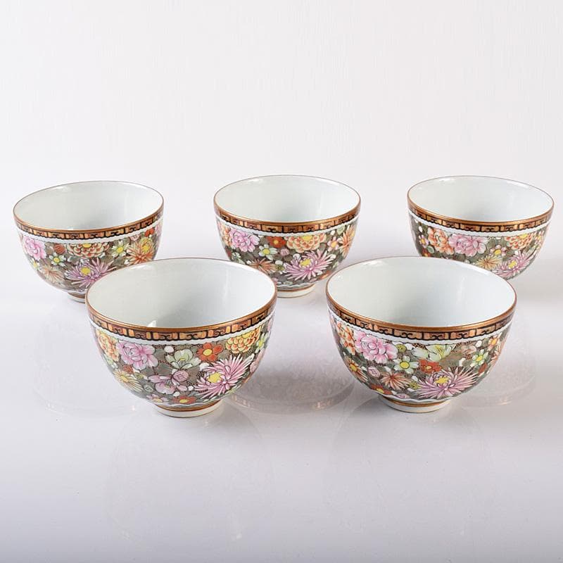 ぶりぶり煎茶道具　九谷焼　長寿造　色絵金彩　百花文　茶器揃　K　R8034