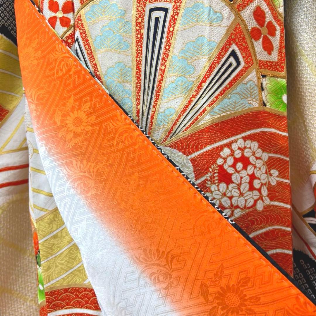 386 振袖フルセット 正絹 橙 黄色 黒 絞り 金彩 駒刺繍 レトロ 古典柄