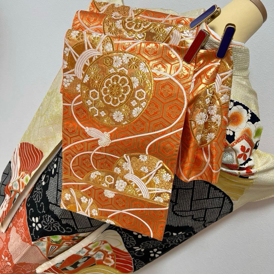 386 振袖フルセット 正絹 橙 黄色 黒 絞り 金彩 駒刺繍 レトロ 古典柄