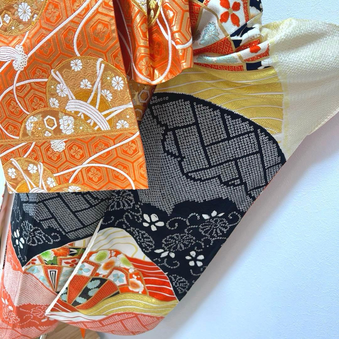 386 振袖フルセット 正絹 橙 黄色 黒 絞り 金彩 駒刺繍 レトロ 古典柄