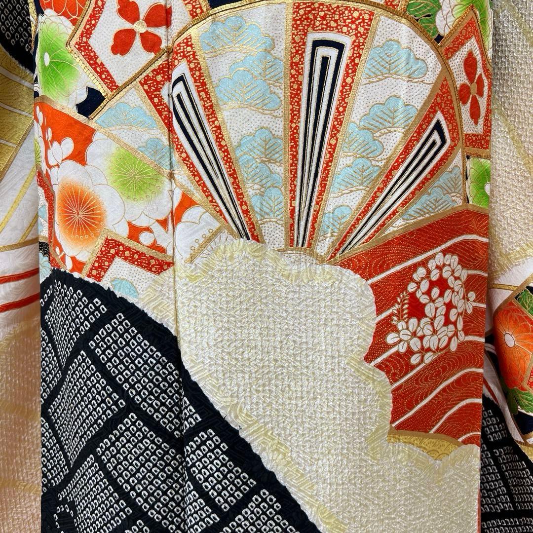 386 振袖フルセット 正絹 橙 黄色 黒 絞り 金彩 駒刺繍 レトロ 古典柄