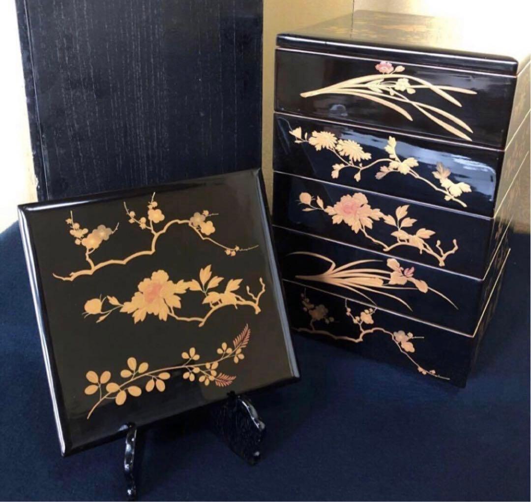 《レ》黒内朱 蒔絵付 五段重 替蓋付 木製漆器 木箱　251016い3