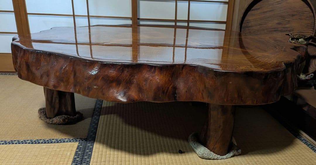 高級切株座卓 自然形状 和室 貴重 骨董 アンティーク 古民家 (引き取り限定)