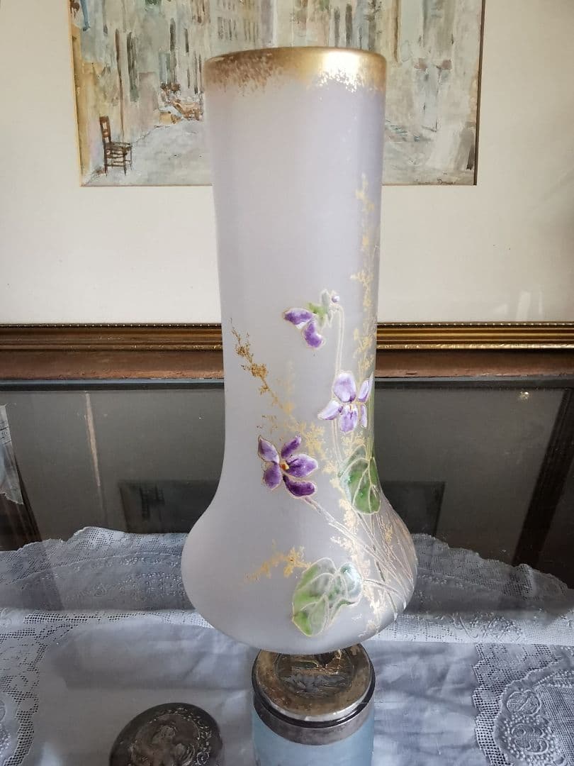 アンティークフランス ルグラ 手描き盛上げエナメル金彩 菫紋 ヴィオラガラス花瓶
