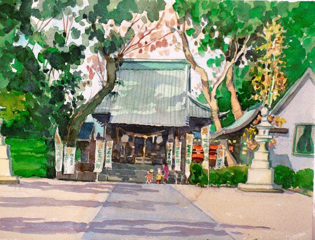 水彩画「七五三を迎える神社」