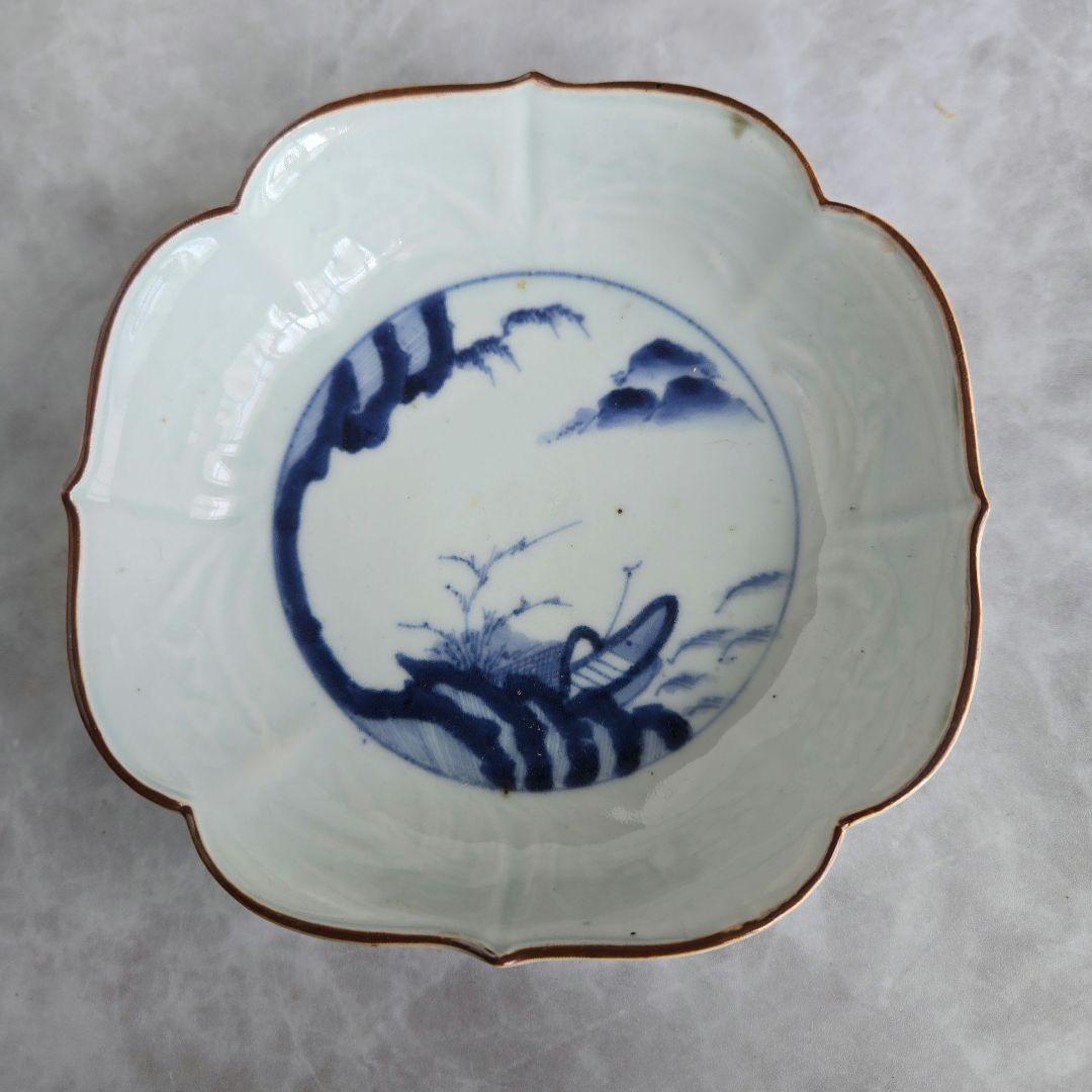 古伊万里　白磁陽刻　染付　隅入深皿　アンティーク　骨董　金継ぎ練習　金直し　船