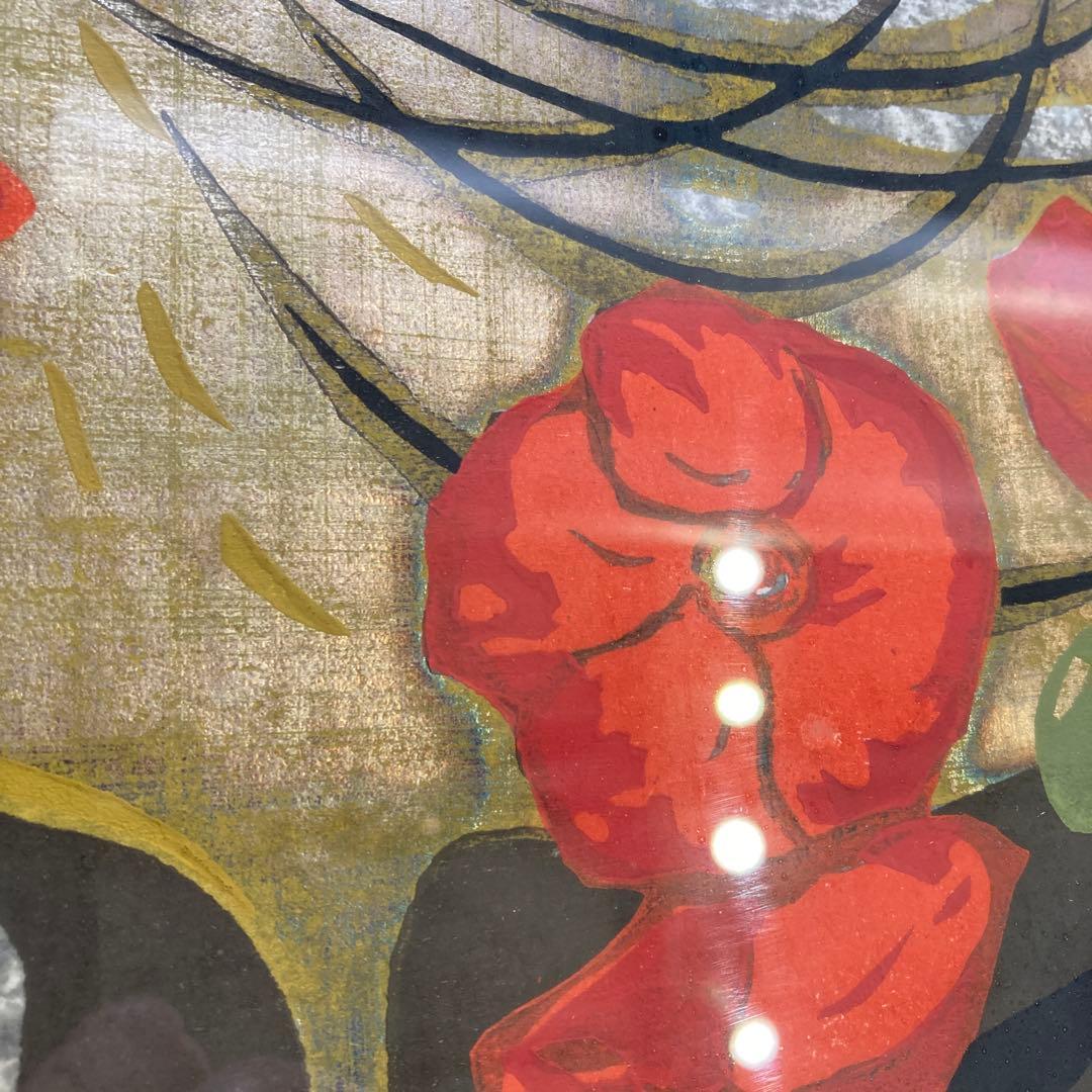 木村義治 作 「赤いけし」 直筆サイン入り 銀箔 木版画 1977年 古画