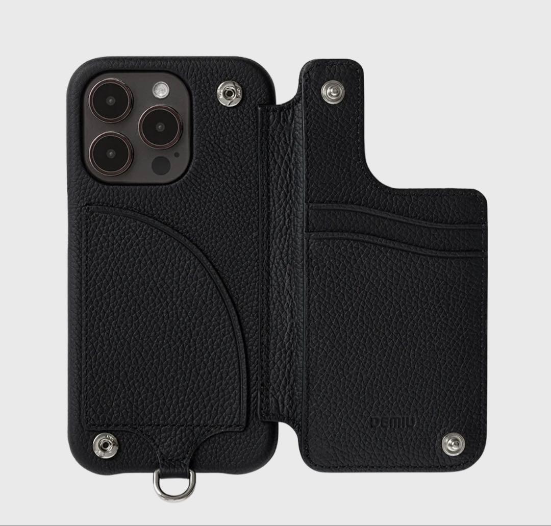 DEMIU ブラック レザー スタッズ iPhone15Proケース