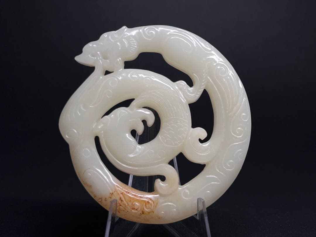 古美術　細工透彫　龍鳳紋　和田玉　縁起物　財運金運　中国古玩　お守り　旧家蔵出し