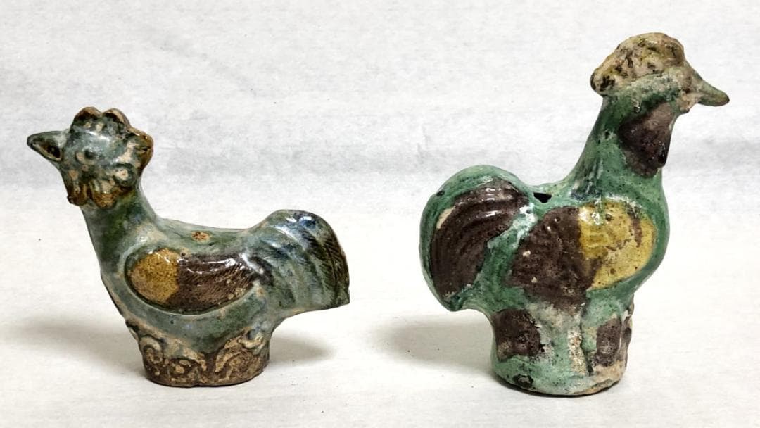 唐時代 唐三彩対鶏 伝世品焼物 保証 陶器 中国美術 ウブ品 WWTT174