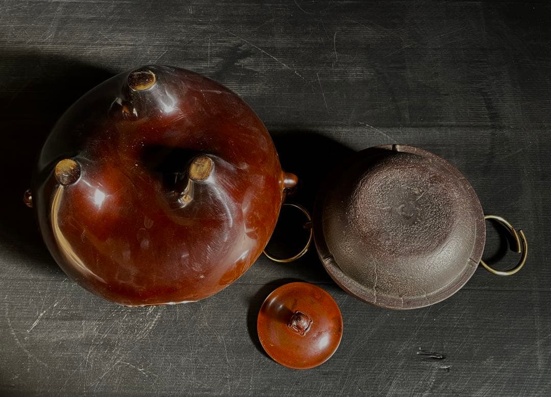 「母」 唐銅鬼面風炉 梨地丸釜添 風炉釜 釜師 敬典 共箱 茶道具 (123あ)