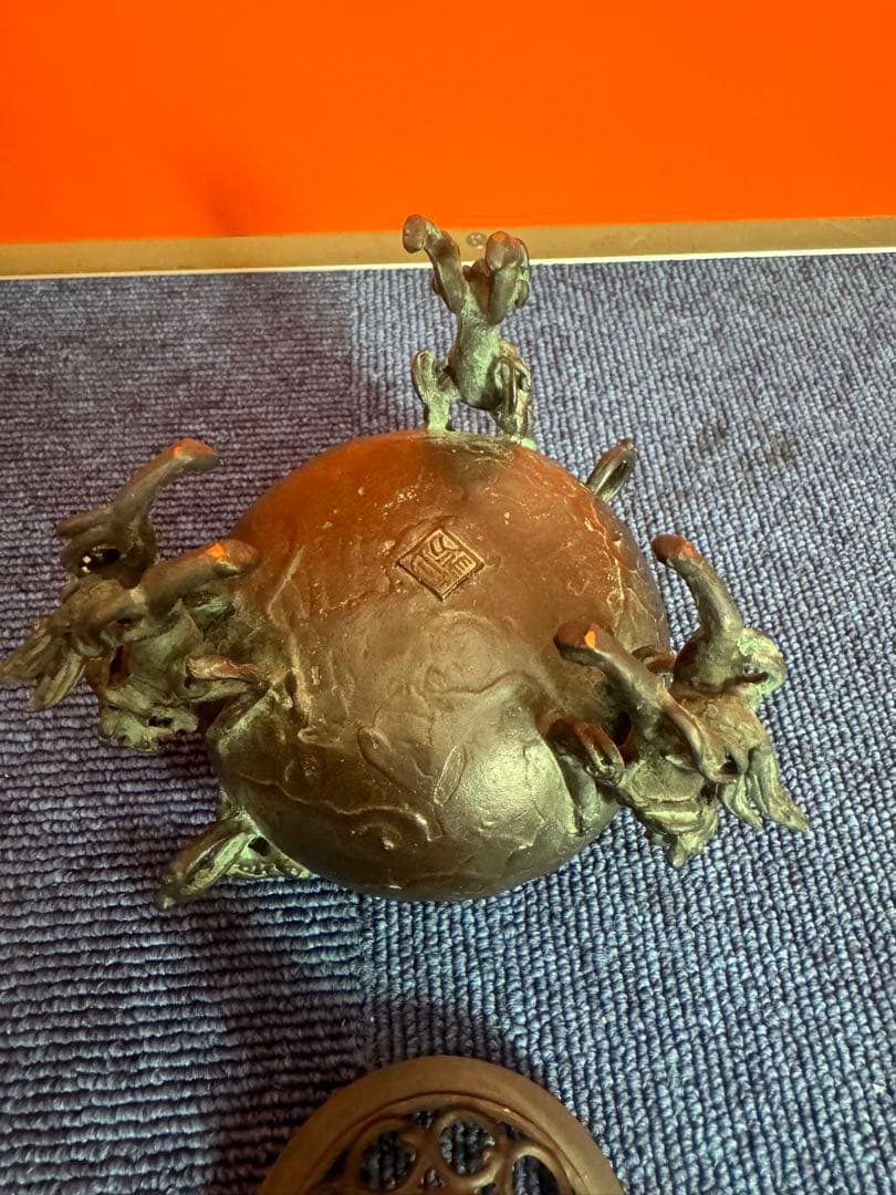 1817 高岡銅器　須賀七郎作　月芳　蝋型鋳銅　三獅子　香炉　時代物