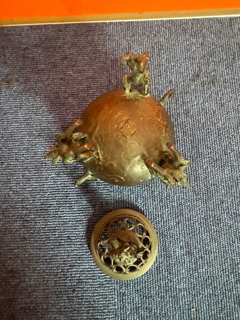 1817 高岡銅器　須賀七郎作　月芳　蝋型鋳銅　三獅子　香炉　時代物