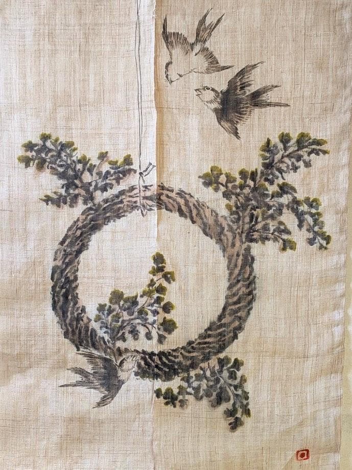 手描き麻暖簾【鳥と忍草】手染め のれん 巾81×144cm　一点物　アンティーク