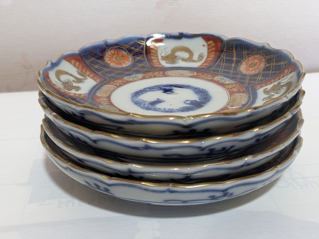 ♦江戸時代古伊万里 大明成化年製 染付金襴手 吉祥文 輪花豆皿 四枚組み 骨董品