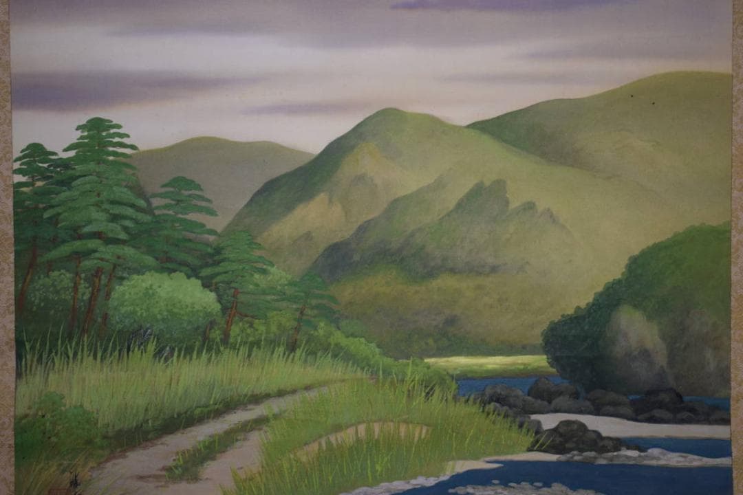 真作/雅堂/春景山水図/桐共箱付/布袋屋掛軸HG-260