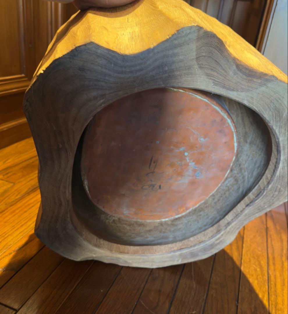 天然木 くり貫き 火鉢 銅版落とし ＊ アンティーク 古民家 切株 茶道具