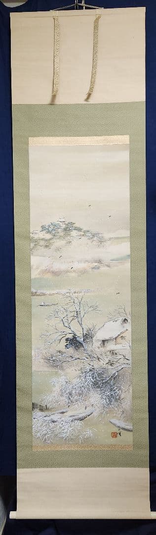 【彦根旦雪図】森月城 1004 彦根城 雪景 共箱 掛け軸 肉筆