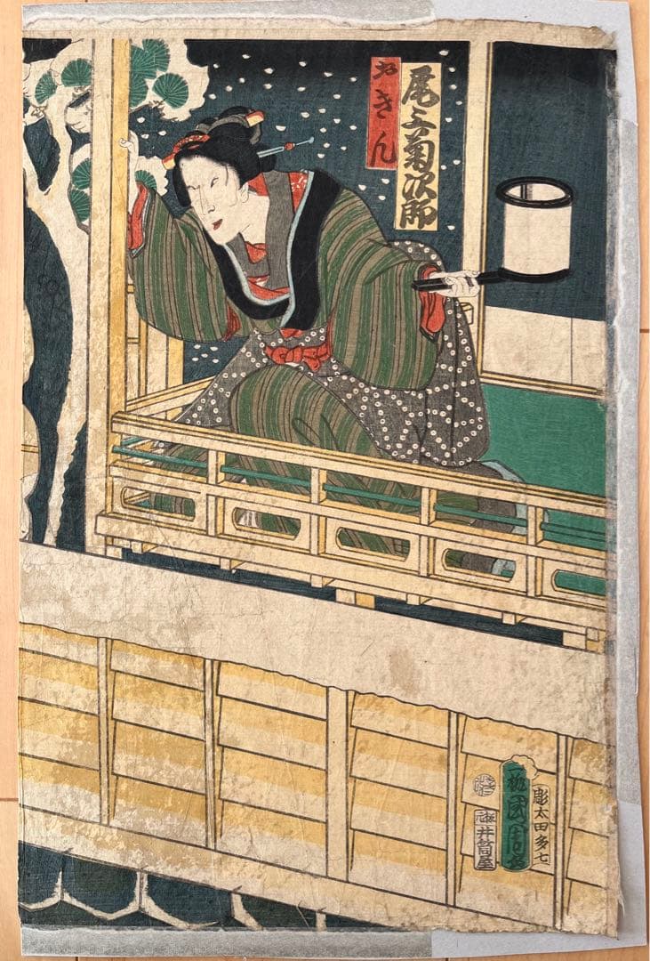 浮世絵 豊原國周 木版画 歌舞伎絵 役者絵 アンティーク 骨董画　2連画