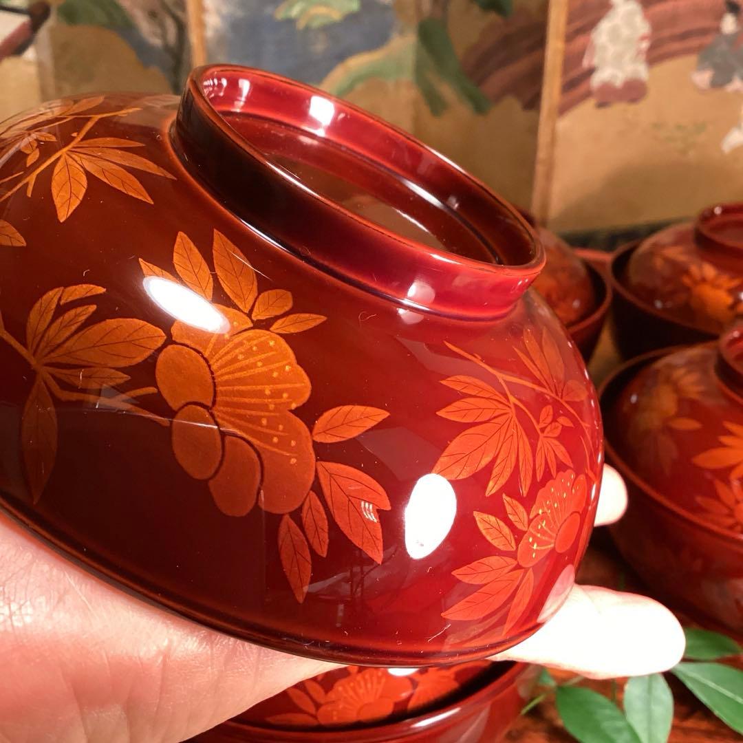 A893 木製輪島塗　白檀塗　山吹蒔絵　『千舟堂』　吸い物椀　煮物椀　5客