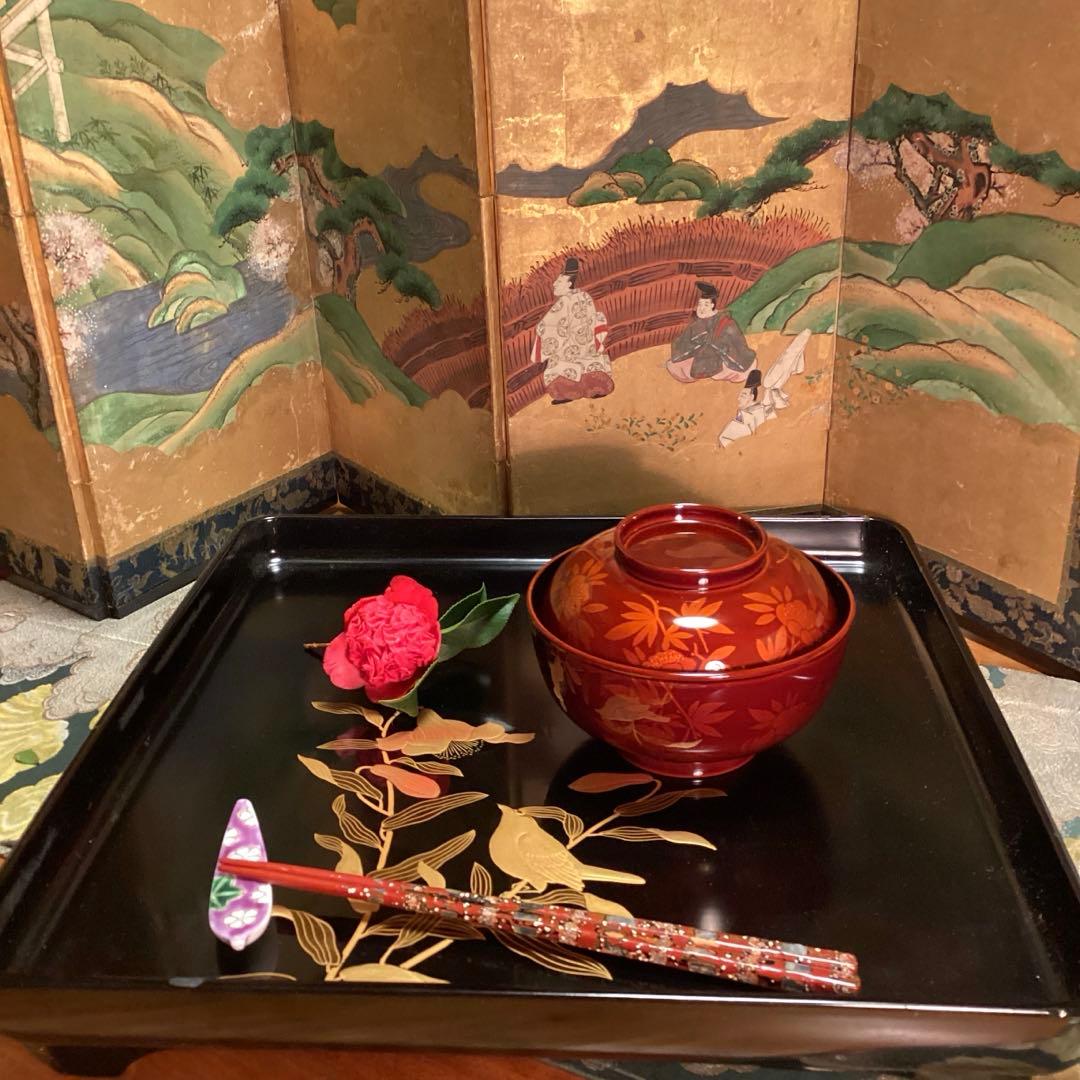 A893 木製輪島塗　白檀塗　山吹蒔絵　『千舟堂』　吸い物椀　煮物椀　5客