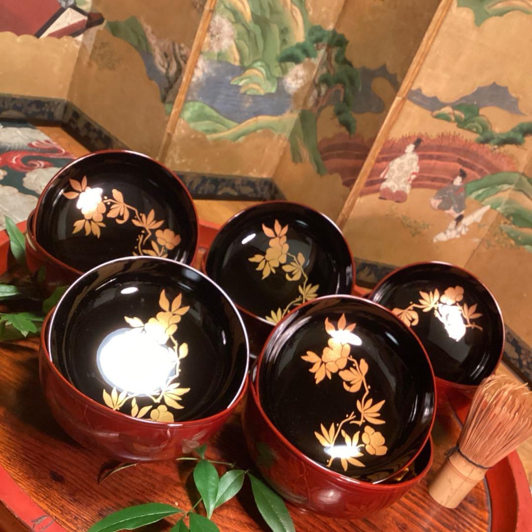 A893 木製輪島塗　白檀塗　山吹蒔絵　『千舟堂』　吸い物椀　煮物椀　5客