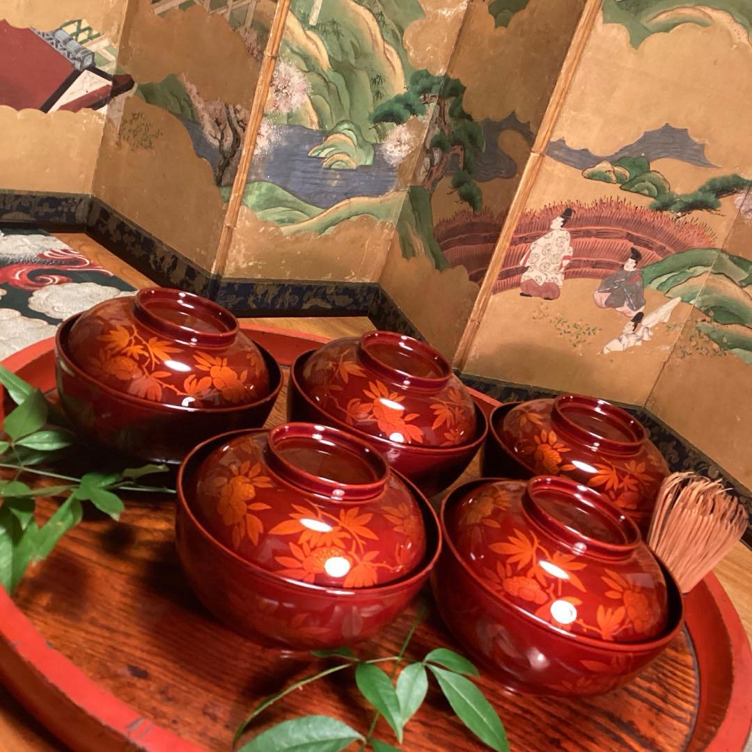 A893 木製輪島塗　白檀塗　山吹蒔絵　『千舟堂』　吸い物椀　煮物椀　5客