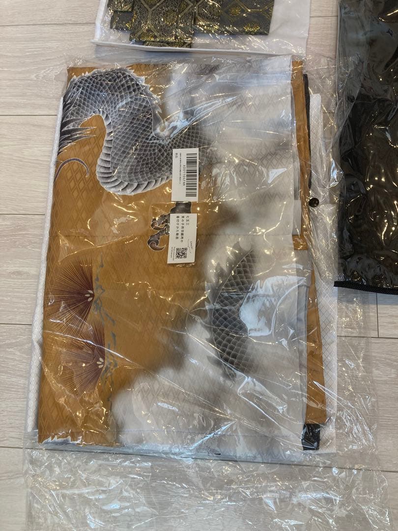 京越卸屋　七五三 着物セット 12点 鷹龍-金茶-藍鼠袴　男の子 5歳