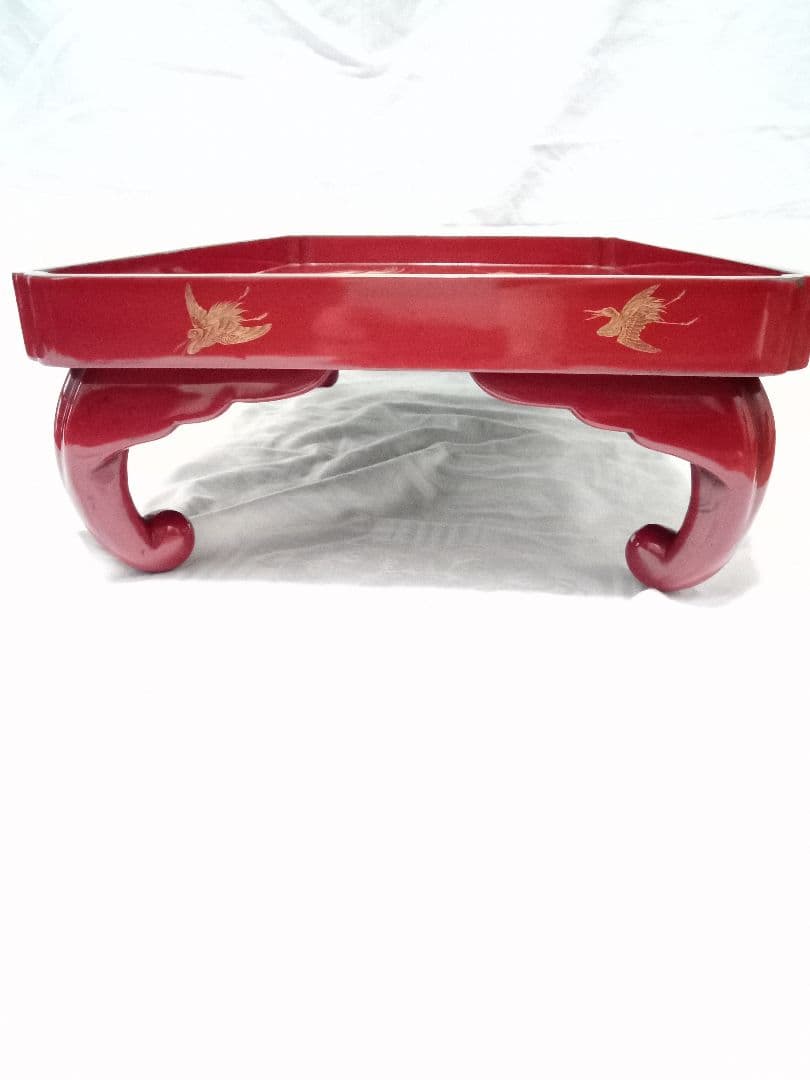 古い お膳 金彩 木製 四足 鶴亀柄 朱塗 漆器 アンティーク