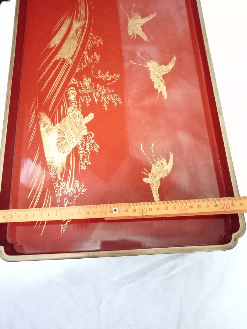 古い お膳 金彩 木製 四足 鶴亀柄 朱塗 漆器 アンティーク