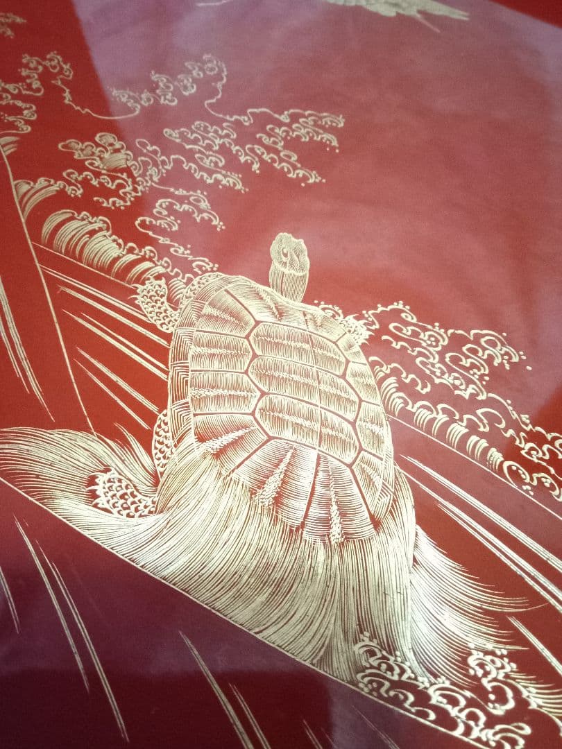 古い お膳 金彩 木製 四足 鶴亀柄 朱塗 漆器 アンティーク