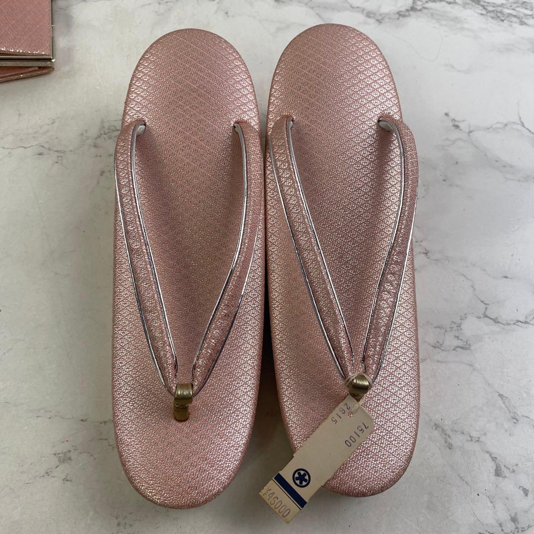 佐賀錦織 ピンク×銀 和柄 振袖 着物 和装用バッグ 草履23㎝ M 2点セット