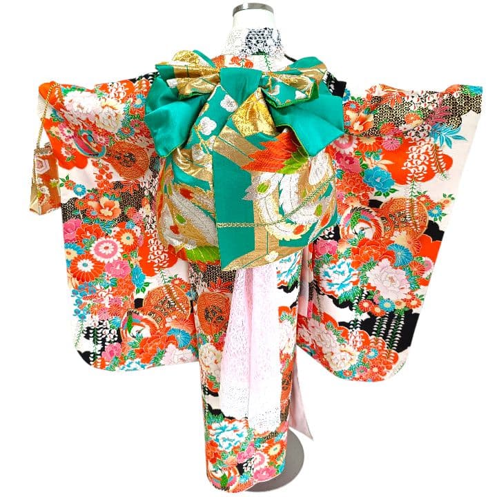 専用です☆アンティーク白黒ブルーの着物にエメラルドグリーンの作り帯セット☆