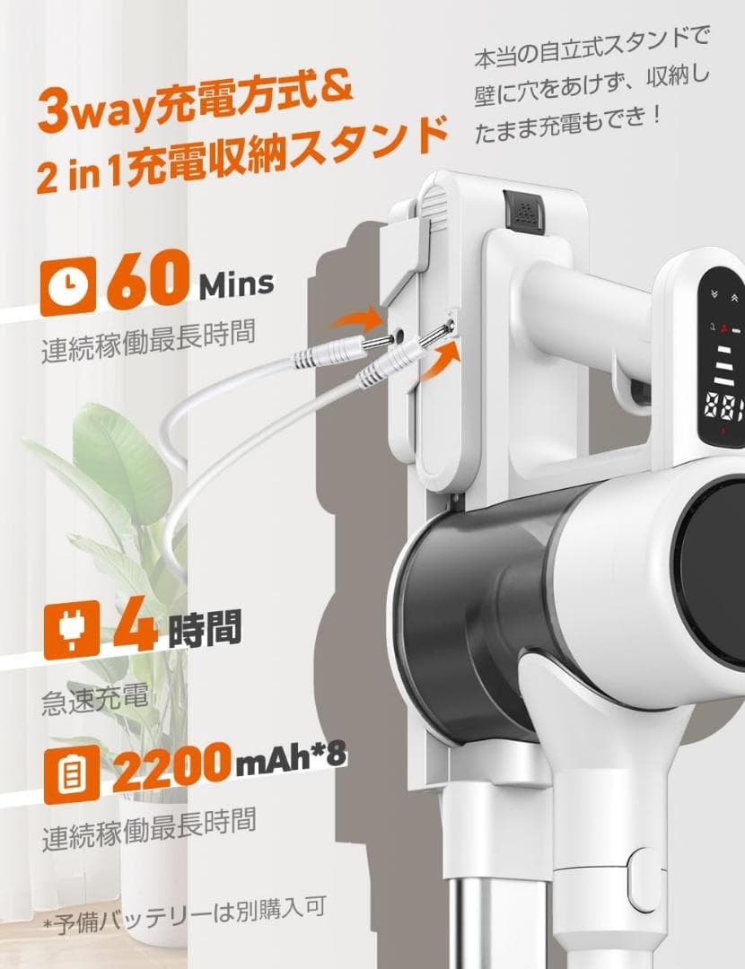 掃除機 コードレス グリーンLEDライト付 65KPa