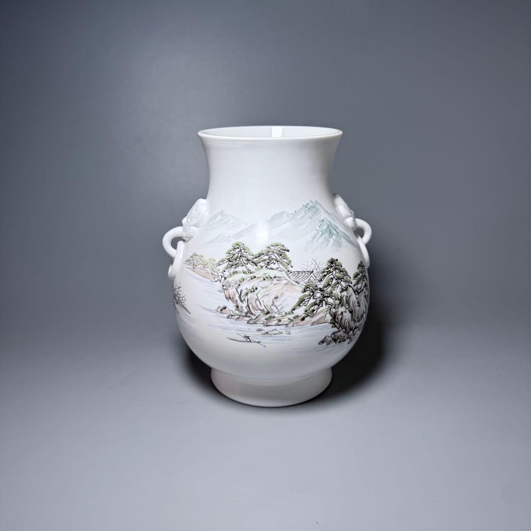 オールド深川製磁　山水図花瓶　銘有　昇然　高さ20.2cm　インテリア　有田焼