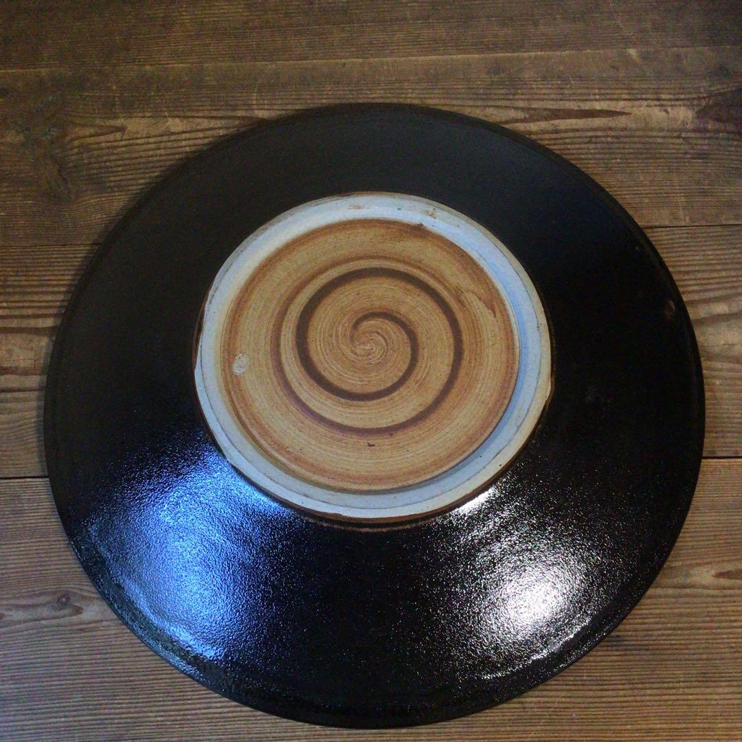 No4110 黒釉二彩大皿　陶印有　直径45.5cm 飾皿　陶磁器　送料無料