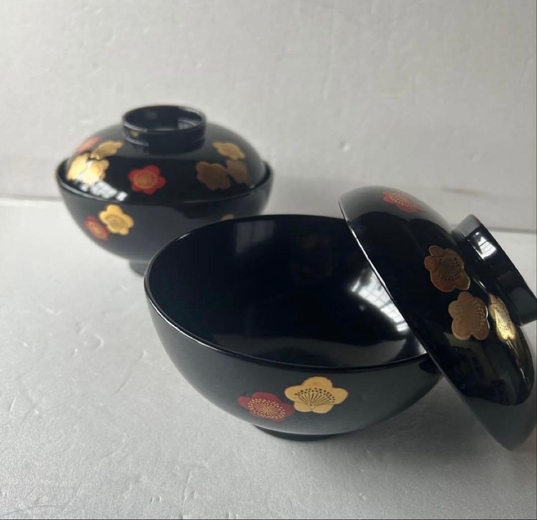 高級漆器 伝統工芸 漆塗 蓋付き お吸物椀 お正月 5客　梅 金蒔絵 会津塗