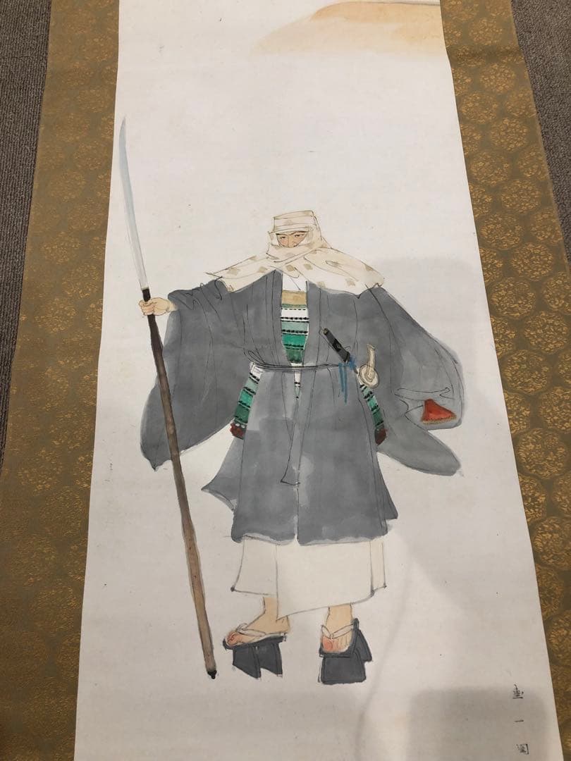 《山門之徒》掛畫。名畫家「福田  惠一」作品。美品。原畫，共箱。昭和時代。