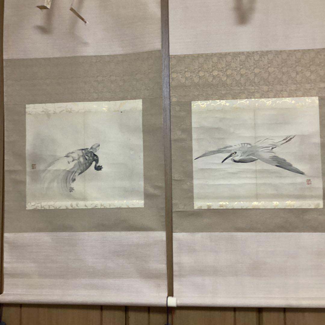 竹内栖鳳 肉筆双幅図 【 鶴 亀 】 慶事掛軸 桐箱　肉筆画【画帖画　軸仕立て品