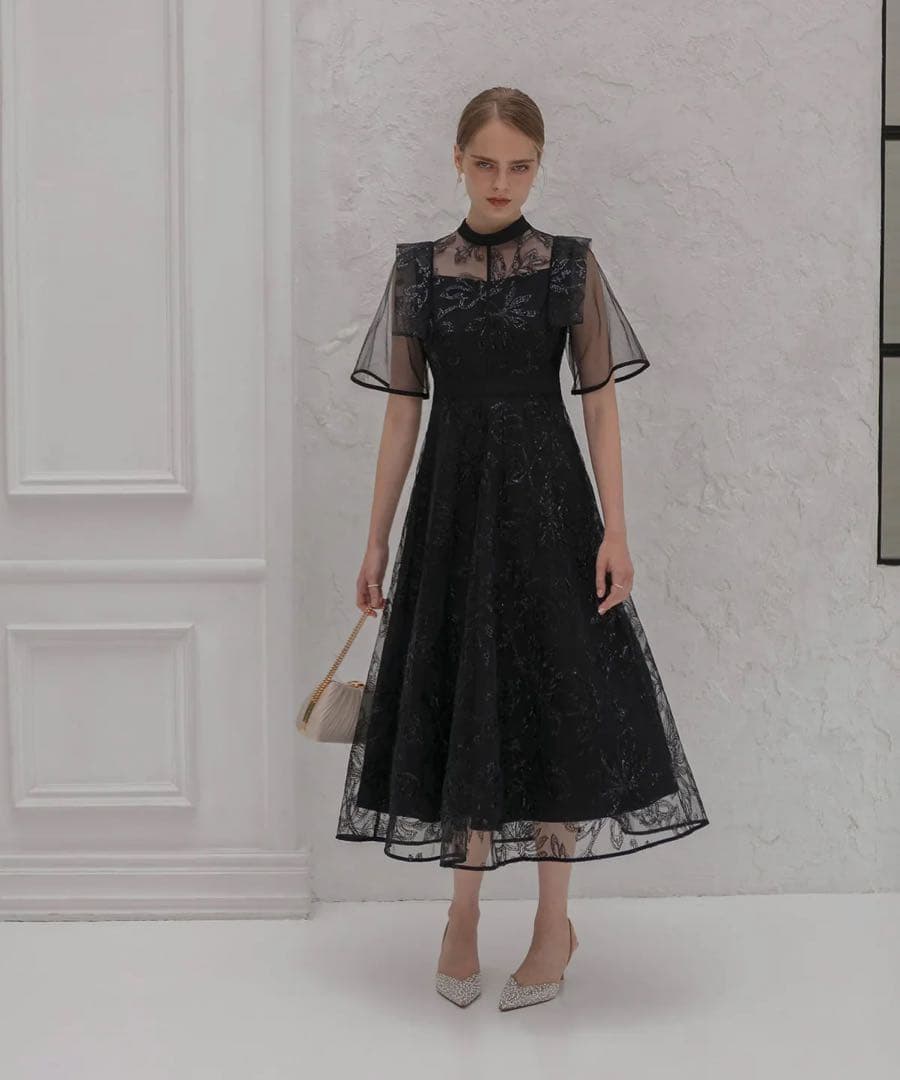 フラップデザインフラワースパンコールAラインワンピースドレス