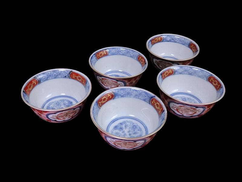 大聖寺伊万里　金襴手　窓絵　鳳凰紋　煎茶碗　向付　５客　A213AS-CWm