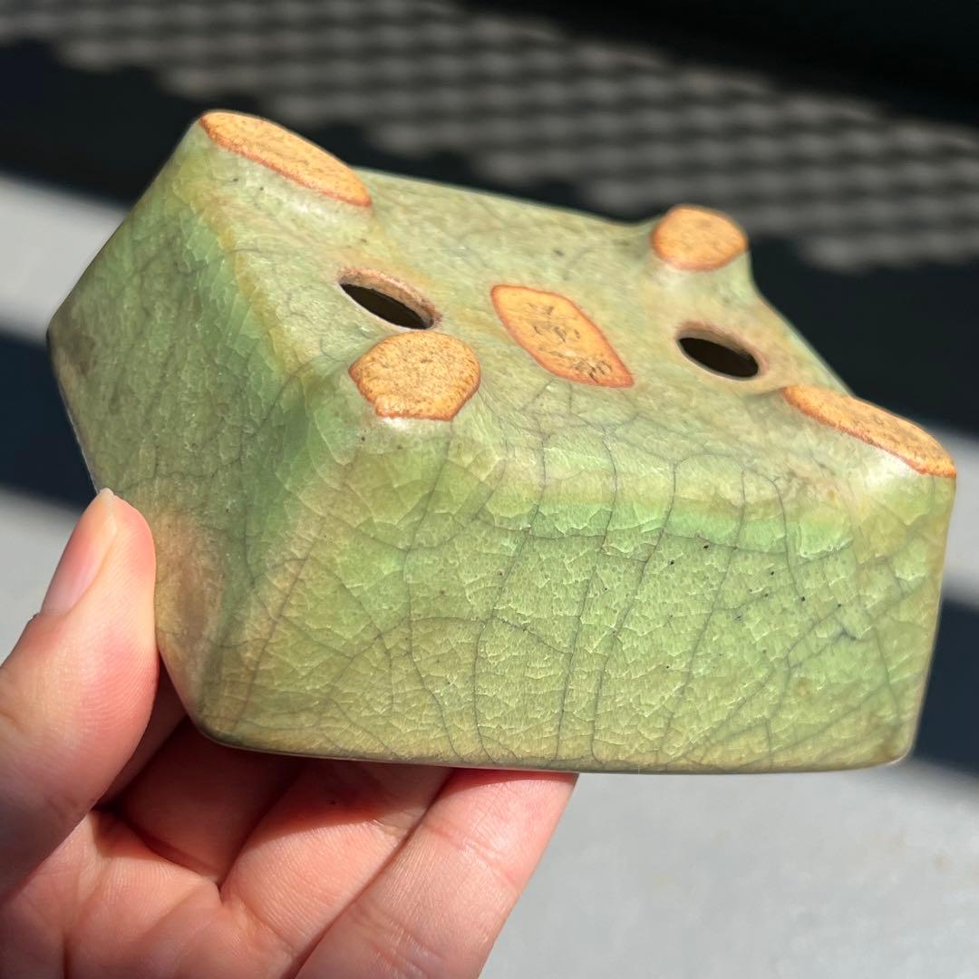 782.暁雲 緑貫入釉長方 盆栽鉢 植木鉢 10*8.7*4.2cm