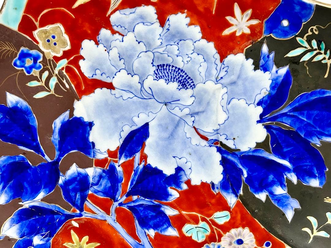 明治初期 香蘭社 染錦牡丹文団扇形皿 伊万里 有田