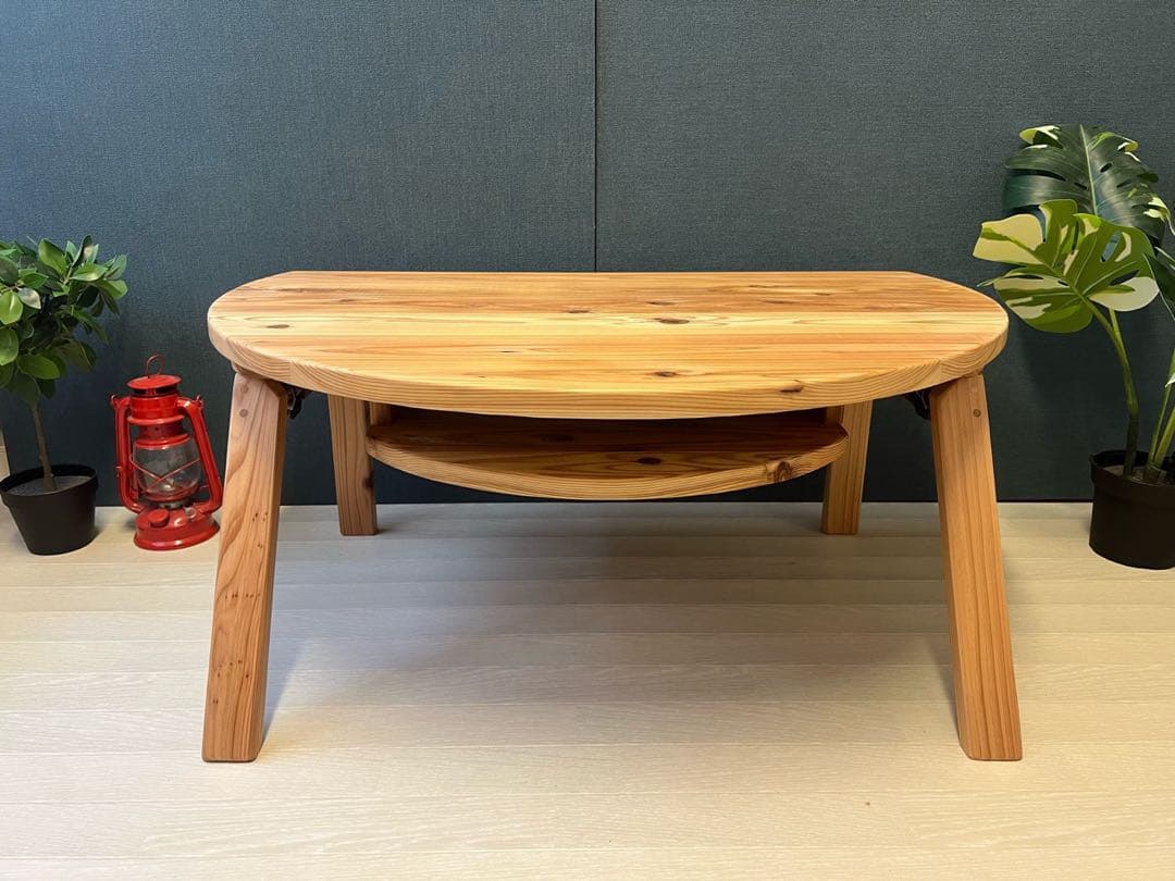 【送料無料】 ローテーブル 半円 収納付き90cm 60cm 杉 折り畳み脚