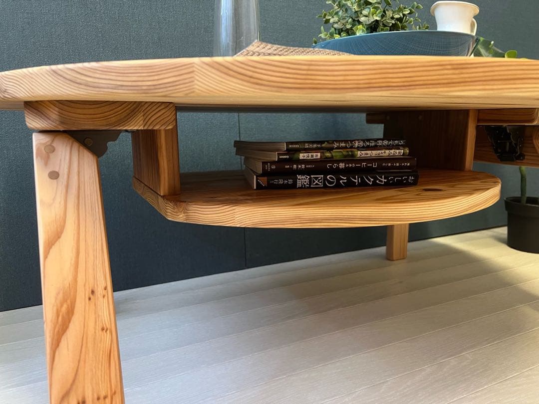 【送料無料】 ローテーブル 半円 収納付き90cm 60cm 杉 折り畳み脚