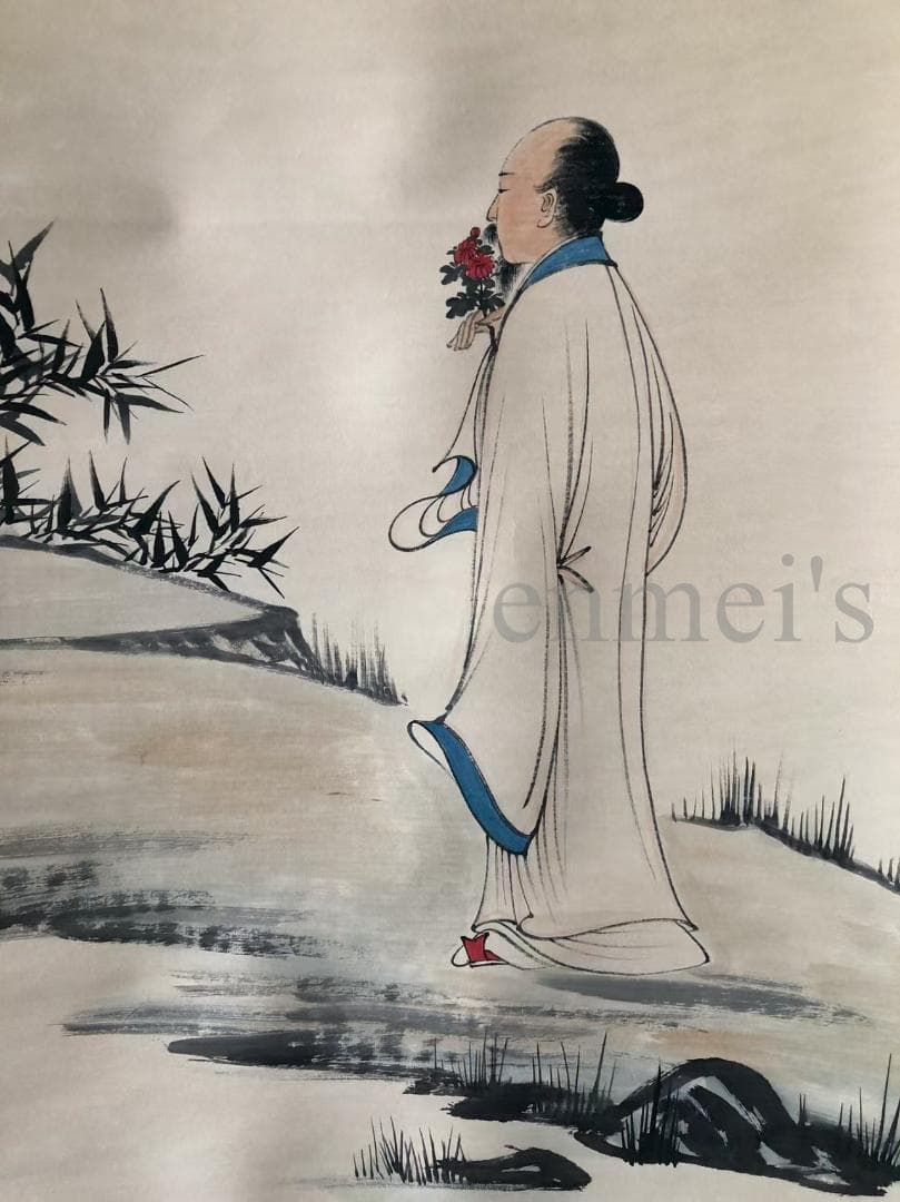 中国古美術・純手描き四尺人物掛軸・水墨画・張大千印款・茶道・肉筆・書画・文房置物