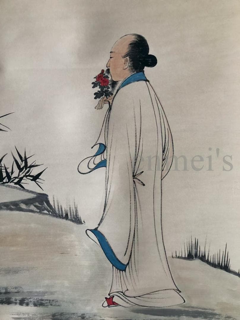 中国古美術・純手描き四尺人物掛軸・水墨画・張大千印款・茶道・肉筆・書画・文房置物