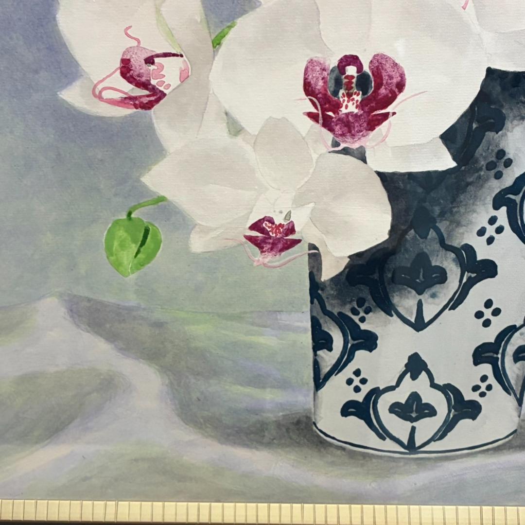 久保吉郎　胡蝶蘭　日本画　額入り　646×646mm