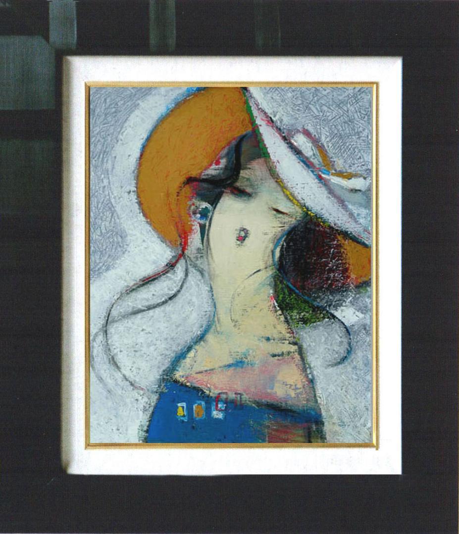 油絵 菅家令子 絵 絵画インテリア額付(青緑＋金色の枠) F6-081812女性